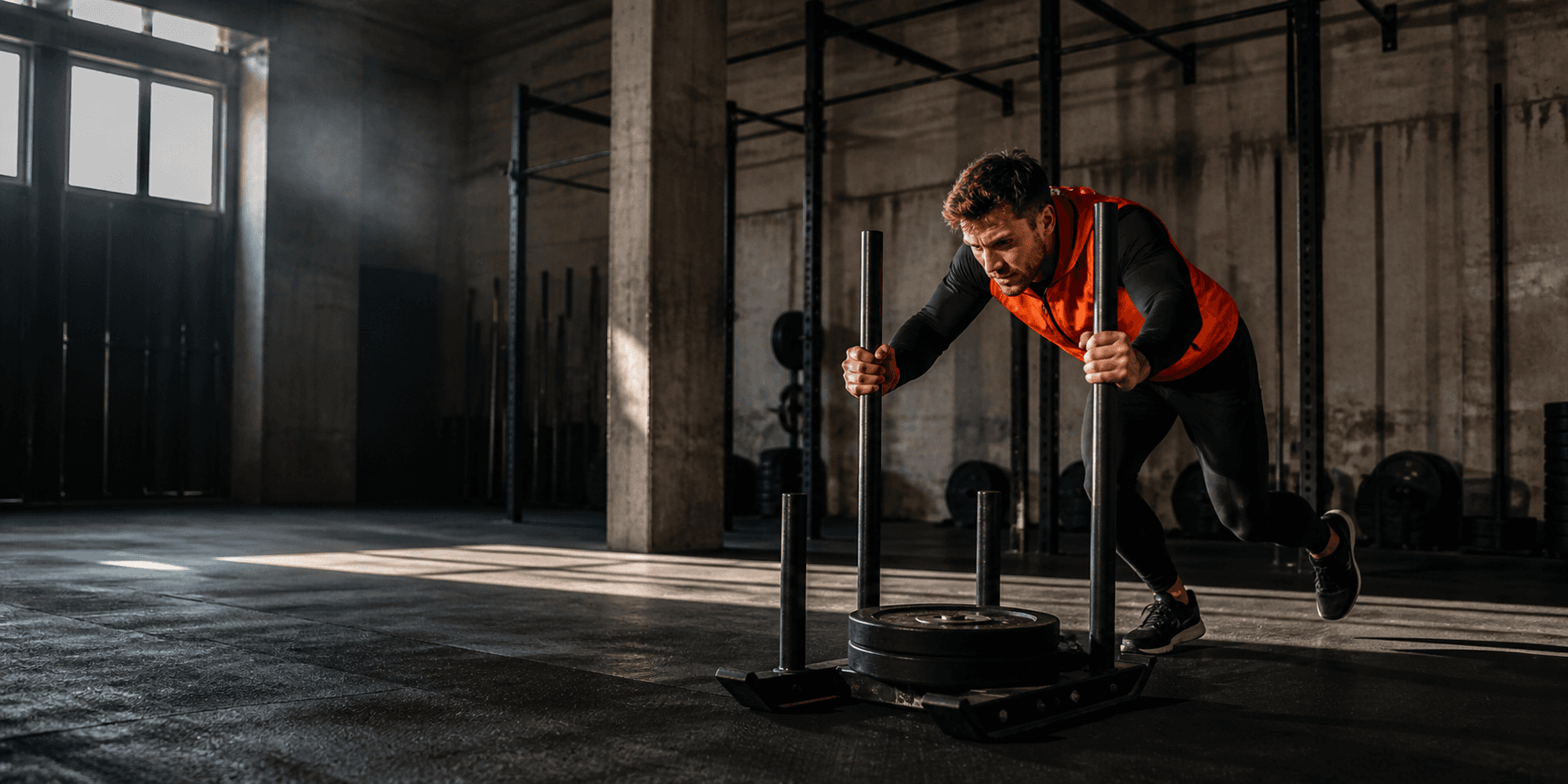 Athlete pushing a weighted sled